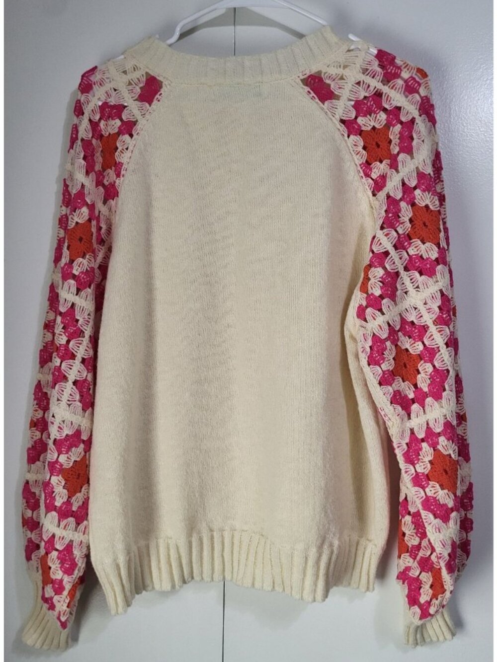 BUNULU Women's XL Rose Crochet Puff Sleeve Knit Sweater Boho Hippie Cottagecore - Picture 3 of 9